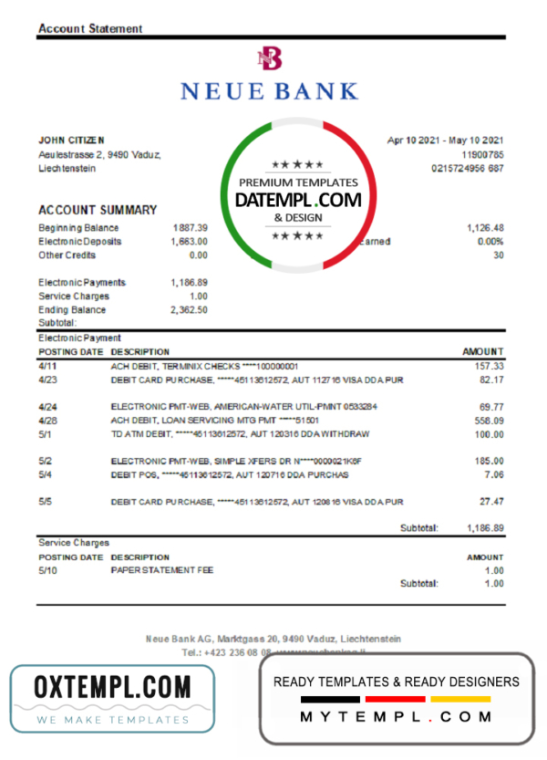 editable template, Liechtenstein Neue Bank AG bank statement easy to fill template in .xls and .pdf file format