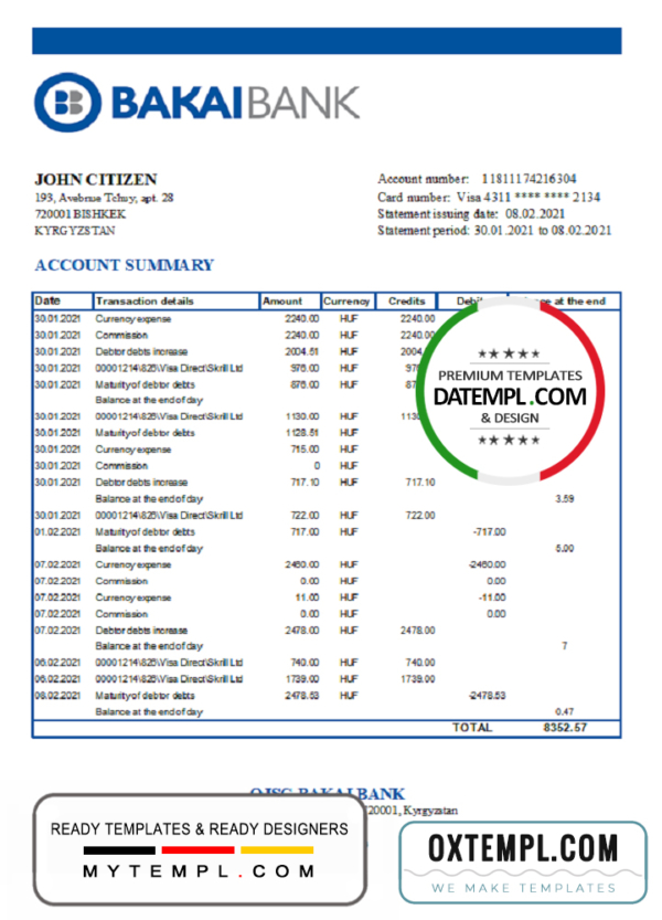 editable template, Kyrgyzstan OJSC Bakai Bank statement easy to fill template in Excel and PDF format