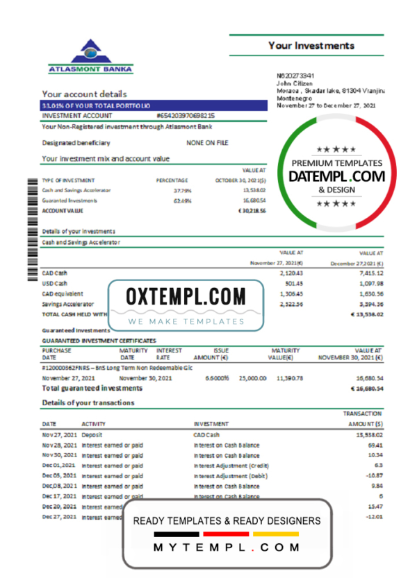 editable template, Montenegro Atlasmont Bank statement template, Excel and PDF format (.xls and .pdf)