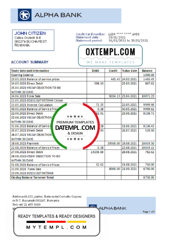 editable template, Romania Alpha Bank statement easy to fill template in Excel and PDF format