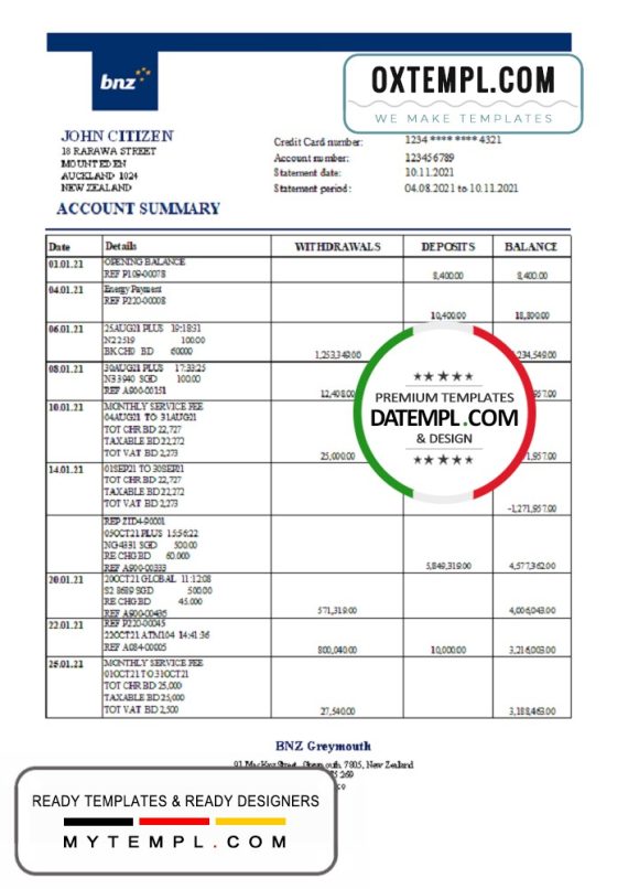 editable template, New Zealand BNZ Greymouth Bank statement easy to fill template in .xls and .pdf format