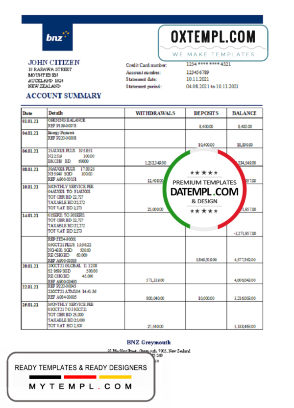 editable template, New Zealand BNZ Greymouth Bank statement easy to fill template in .xls and .pdf format
