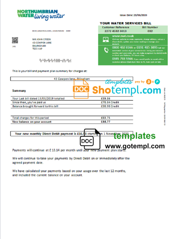 editable template, United Kingdom Northumbrian Water utility bill template in Word and PDF format, version 1