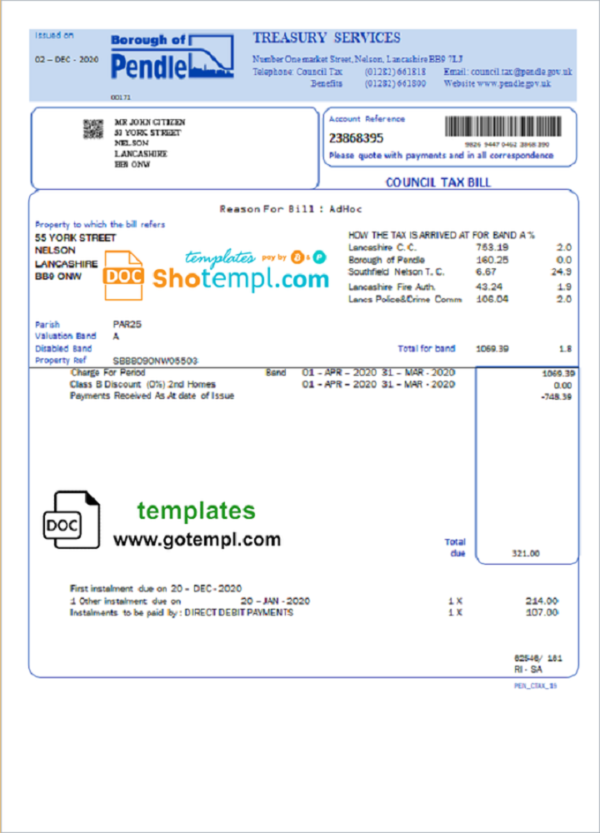 editable template, United Kingdom Borough of Pendle council tax bill template in Word and PDF format