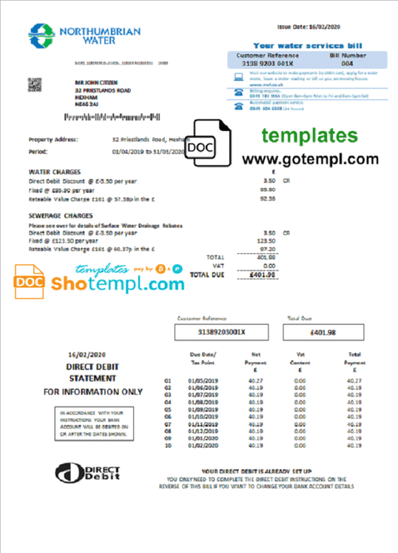 editable template, United Kingdom Northumbrian Water utility bill template in Word and PDF format, version 2