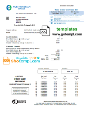editable template, United Kingdom Northumbrian Water utility bill template in Word and PDF format, version 2