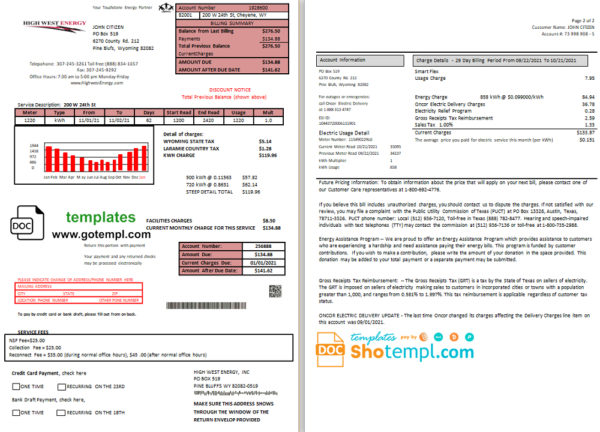 editable template, USA Wyoming High West Energy utility bill in Word anf PDF format (2 pages)