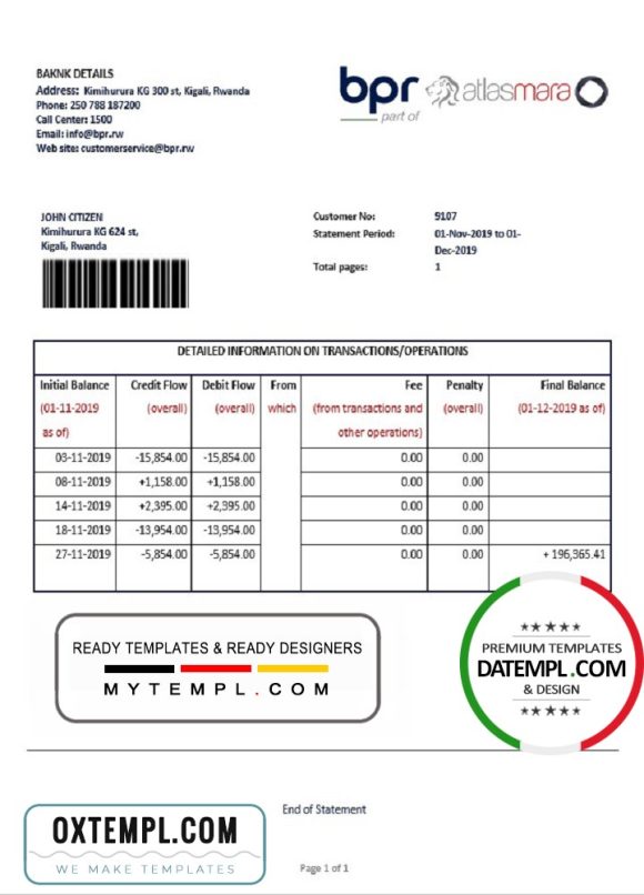 editable template, Rwanda BPR bank statement template in Word and PDF format