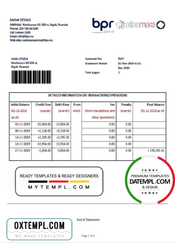 editable template, Rwanda BPR bank statement template in Word and PDF format