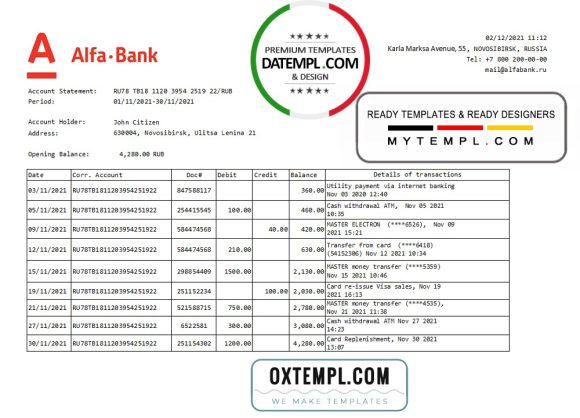 editable template, Russia Alfa bank statement easy to fill template in .xls and .pdf file format