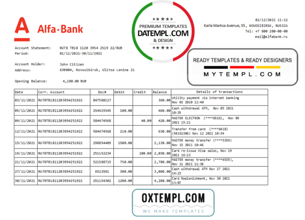 editable template, Russia Alfa bank statement easy to fill template in .xls and .pdf file format