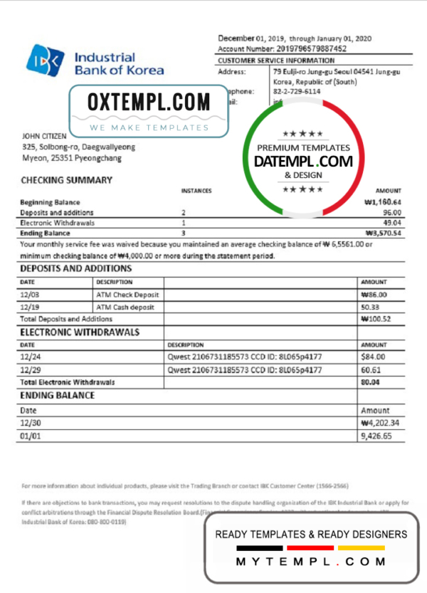editable template, South Korea Industrial Bank of Korea bank statement template in Word and PDF format