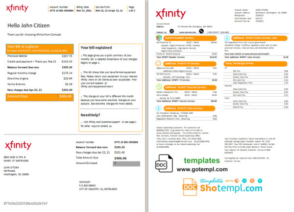 editable template, USA San Francisco Xfinity Comcast utility bill template in Word and PDF format (2 pages)
