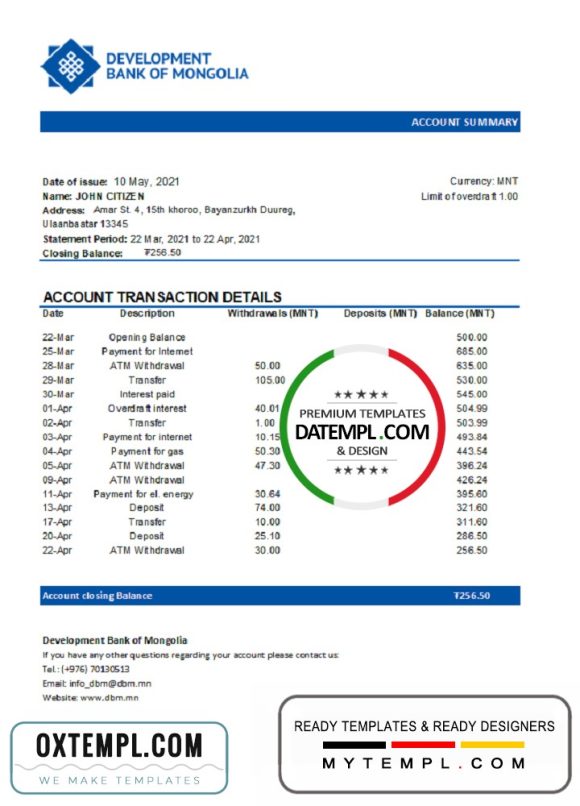 editable template, Mongolia Development Bank of Mongolia bank statement easy to fill template in .xls and .pdf file format