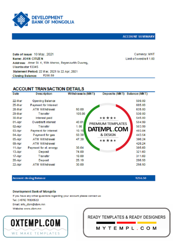 editable template, Mongolia Development Bank of Mongolia bank statement easy to fill template in .xls and .pdf file format