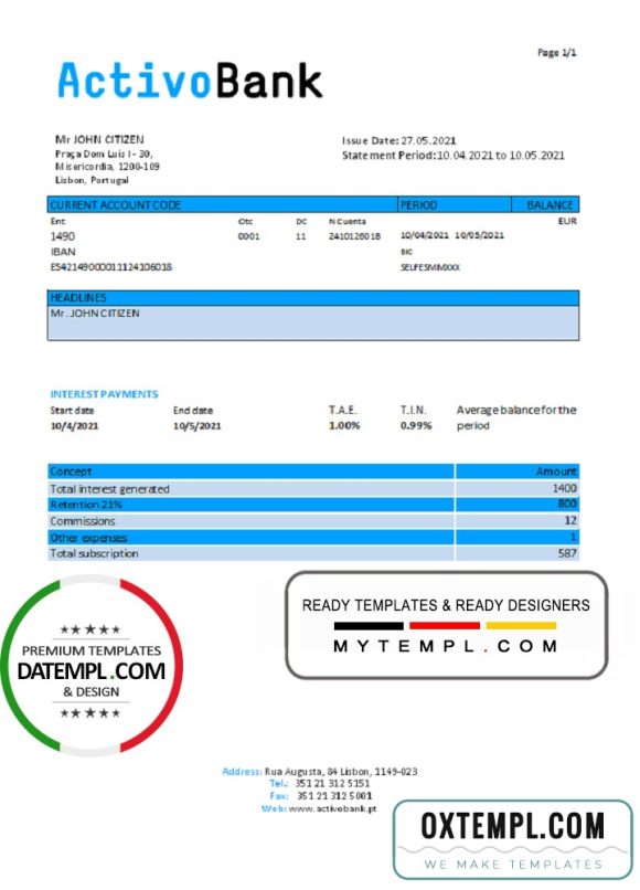 editable template, Portugal Activobank S.A. bank statement template in Excel and PDF format, .xls and .pdf format