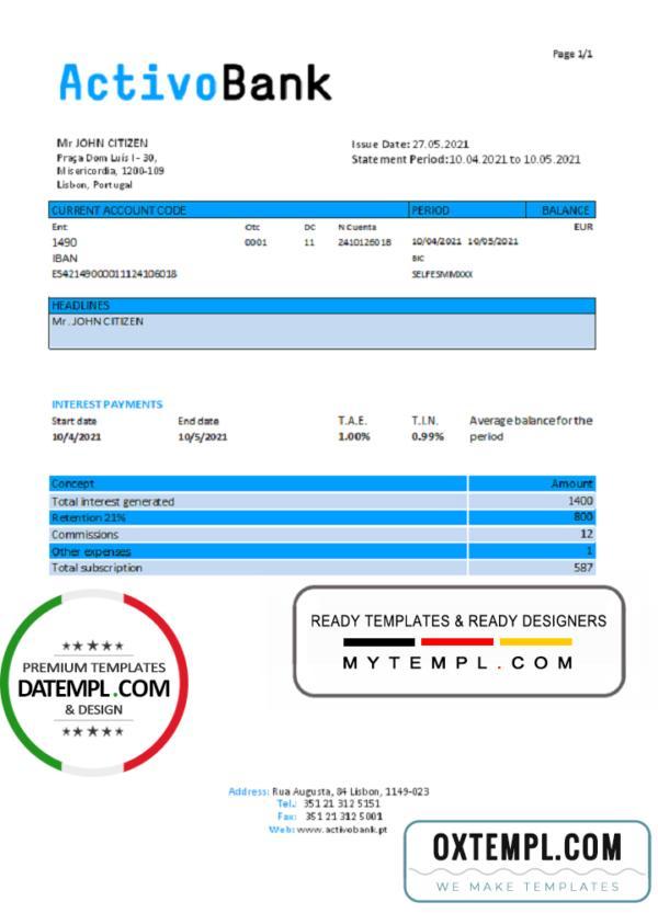 editable template, Portugal Activobank S.A. bank statement template in Excel and PDF format, .xls and .pdf format