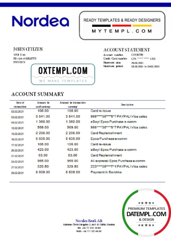 editable template, Sweden Nordea Bank AB bank statement easy to fill template in .doc and .pdf format, fully editable