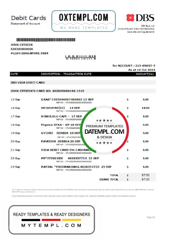 editable template, Singapore DBS bank proof of address statement template in .xls and .pdf format