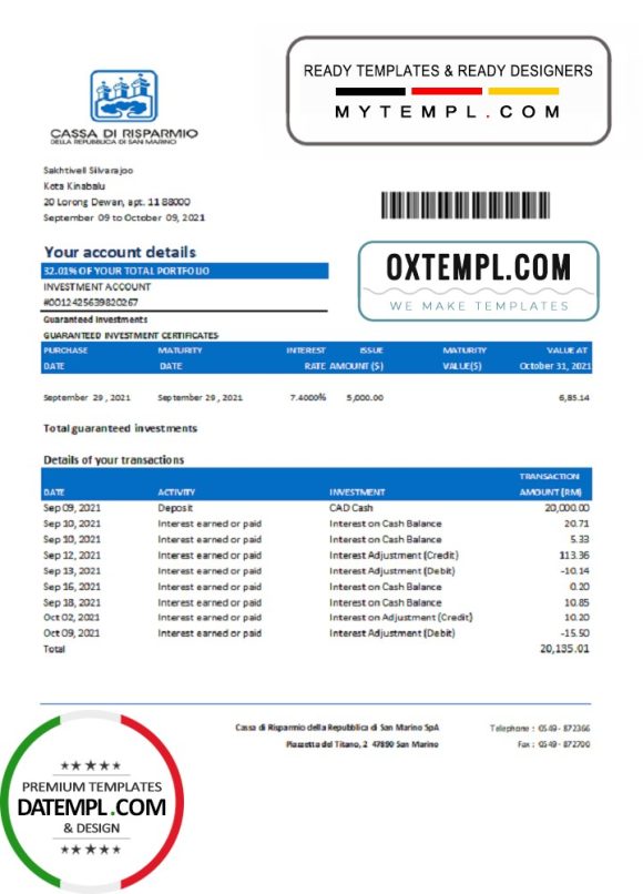 editable template, San Marino Cassa di Risparmio bank statement easy to fill template in Excel and PDF format