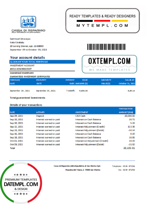 editable template, San Marino Cassa di Risparmio bank statement easy to fill template in Excel and PDF format