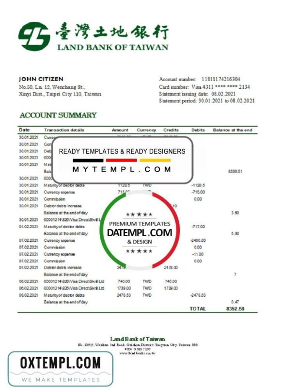 editable template, Taiwan Land Bank of Taiwan bank statement easy to fill template in Excel and PDF format
