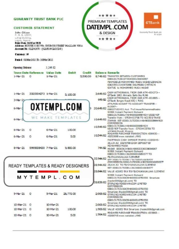 editable template, Nigeria GTBank bank statement template in .xls and .pdf file format