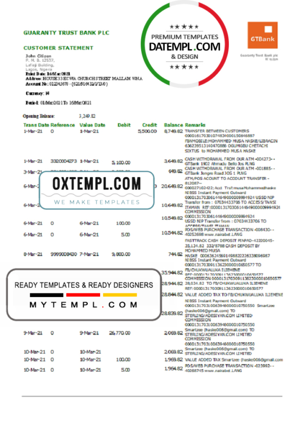 editable template, Nigeria GTBank bank statement template in .xls and .pdf file format