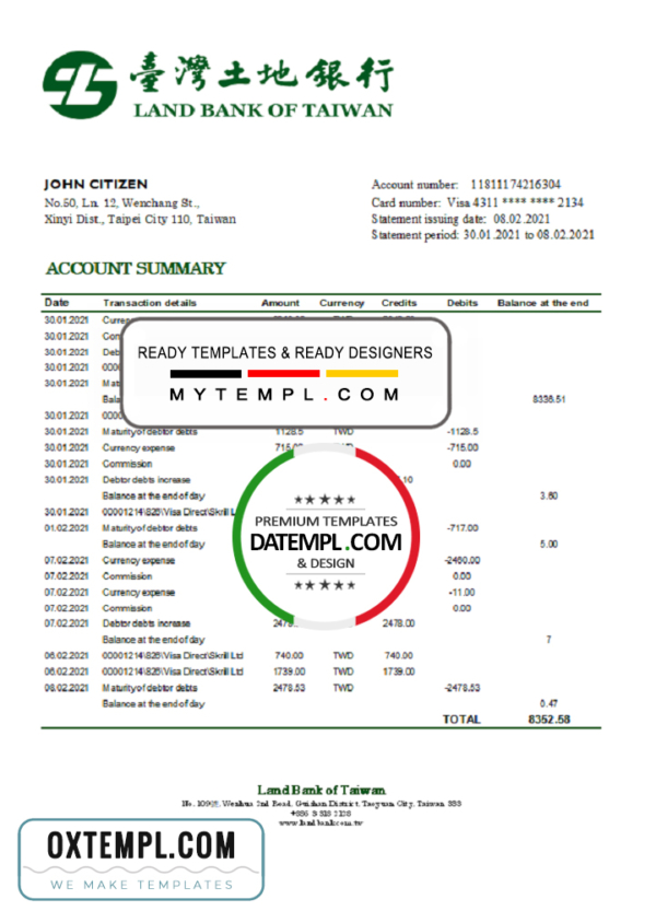 editable template, Taiwan Land Bank of Taiwan bank statement easy to fill template in Excel and PDF format