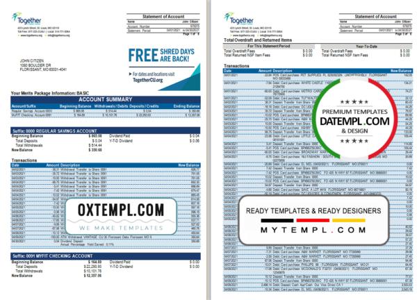 editable template, USA Missouri Together Credit Union bank statement template in Word and PDF format (6 pages)