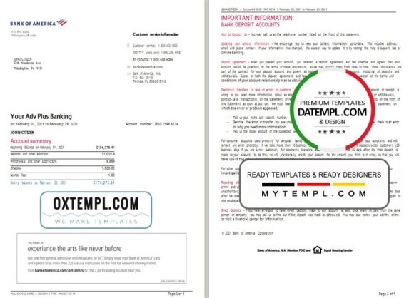 editable template, USA Bank of America bank statement template in Word and PDF format (4 pages), version 3
