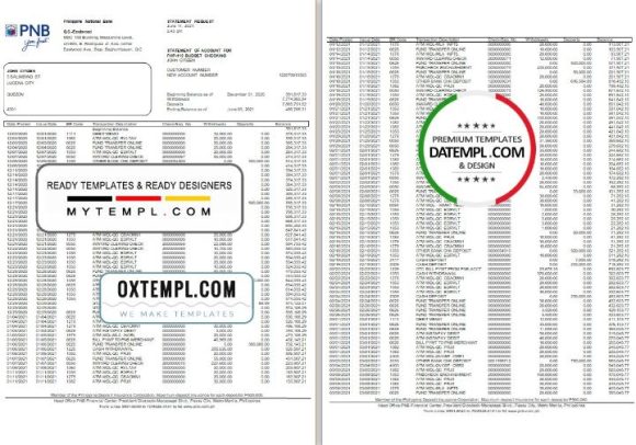 editable template, Philippines PNB bank statement template in Word and PDF format (4 pages)