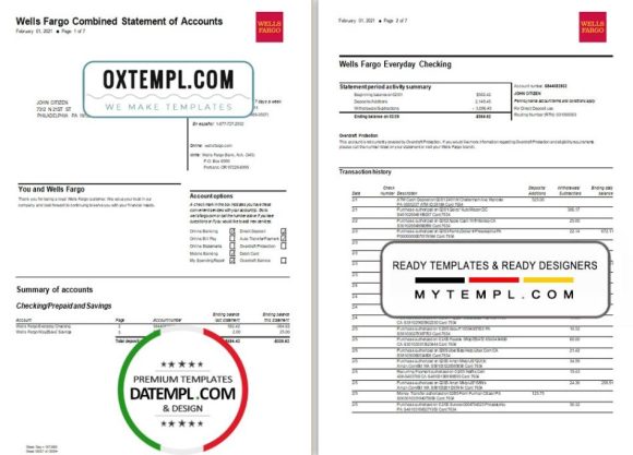 editable template, USA Wells Fargo bank statement template in Word and PDF format, 7 pages