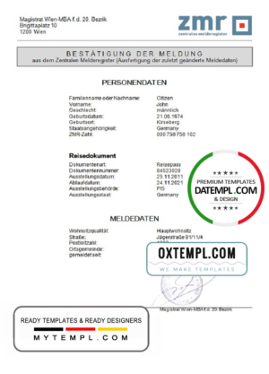 editable template, Austria ZMR Zentrales Melderegister Central register of residents document template in Word format