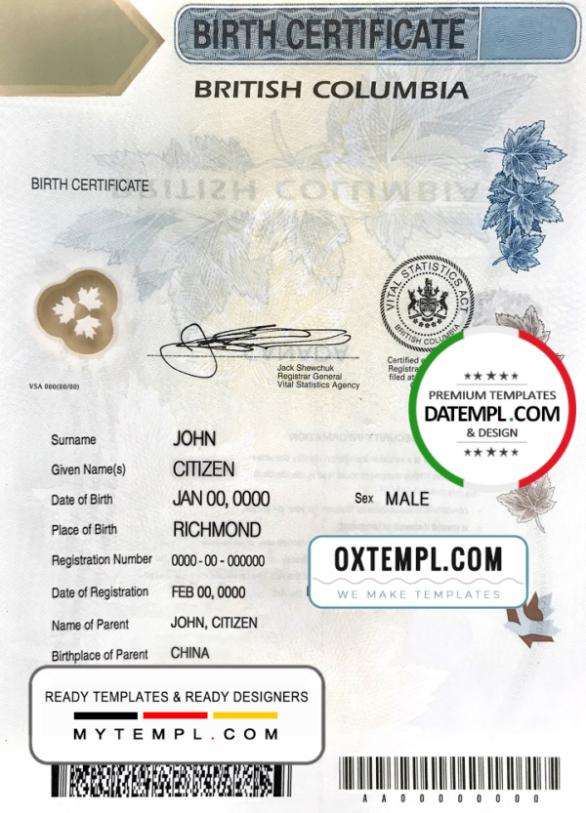 editable template, Canada British Columbia Birth Certificate template in PSD format