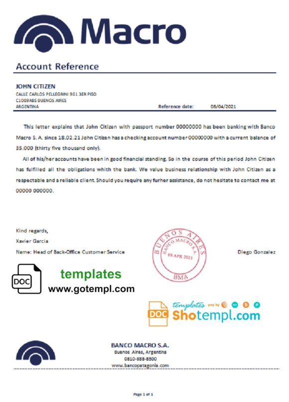 editable template, Argentina Banco Macro bank reference letter template in .doc and .pdf format