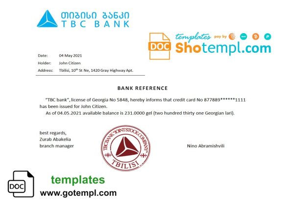 editable template, Georgia TBC bank account reference letter template in Word and PDF format