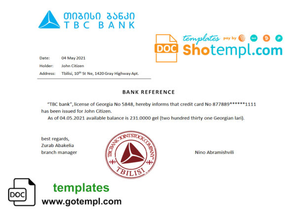 editable template, Georgia TBC bank account reference letter template in Word and PDF format