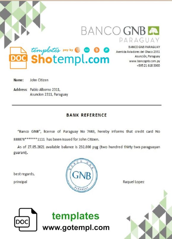 editable template, Paraguay Banco GNB bank account reference letter template in Word and PDF format