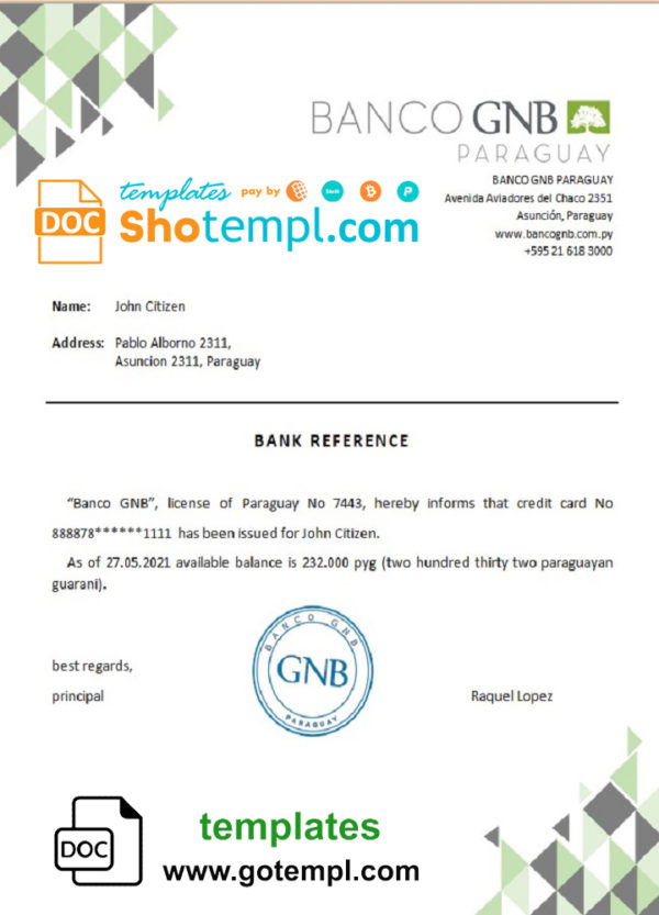 editable template, Paraguay Banco GNB bank account reference letter template in Word and PDF format