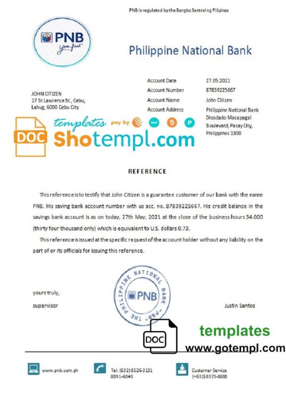 editable template, Philippines Philippine National Bank bank reference letter template in Word and PDF format