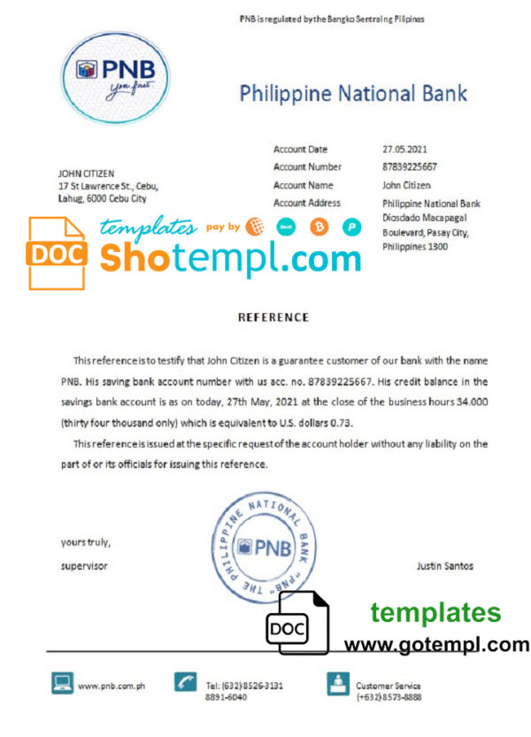 editable template, Philippines Philippine National Bank bank reference letter template in Word and PDF format