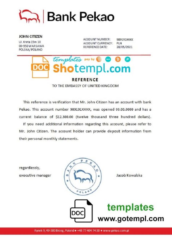 editable template, Poland Bank Pekao reference letter template in Word and PDF format
