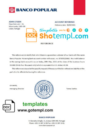 Portugal Banco Popular bank account reference letter template in Word and PDF format