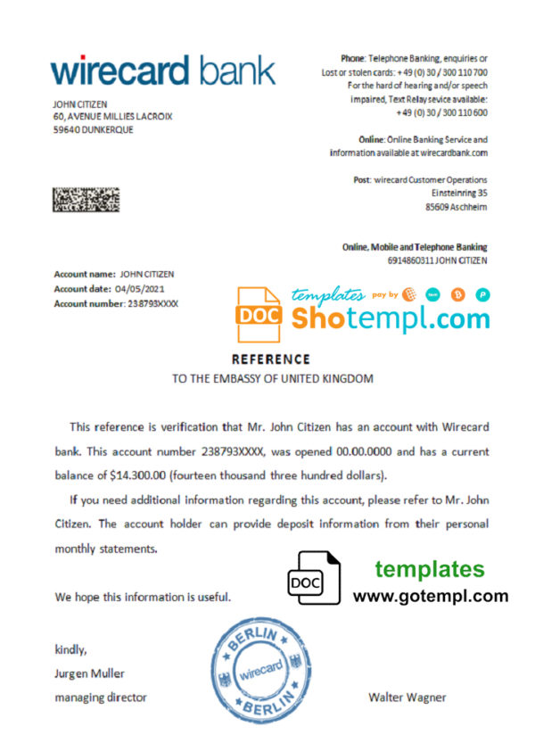 editable template, Germany Wirecard bank account reference letter template in Word and PDF format
