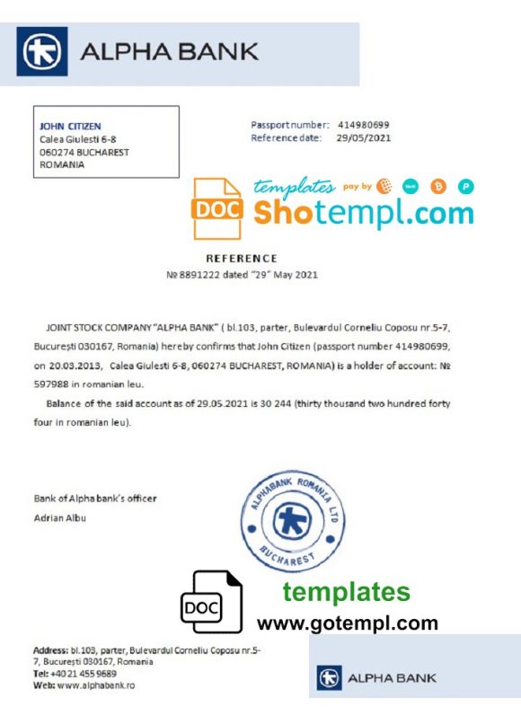 editable template, Romania Alpha Bank bank account reference letter template in Word and PDF format