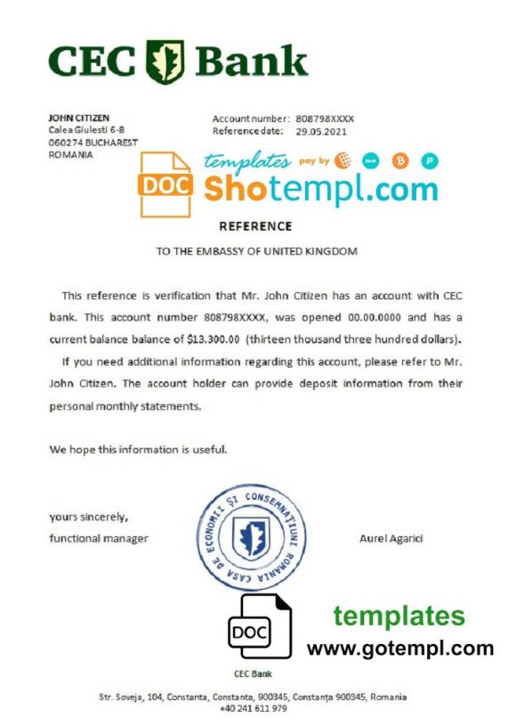 editable template, Romania CEC Bank bank account reference letter template in Word and PDF format
