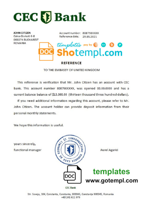 editable template, Romania CEC Bank bank account reference letter template in Word and PDF format