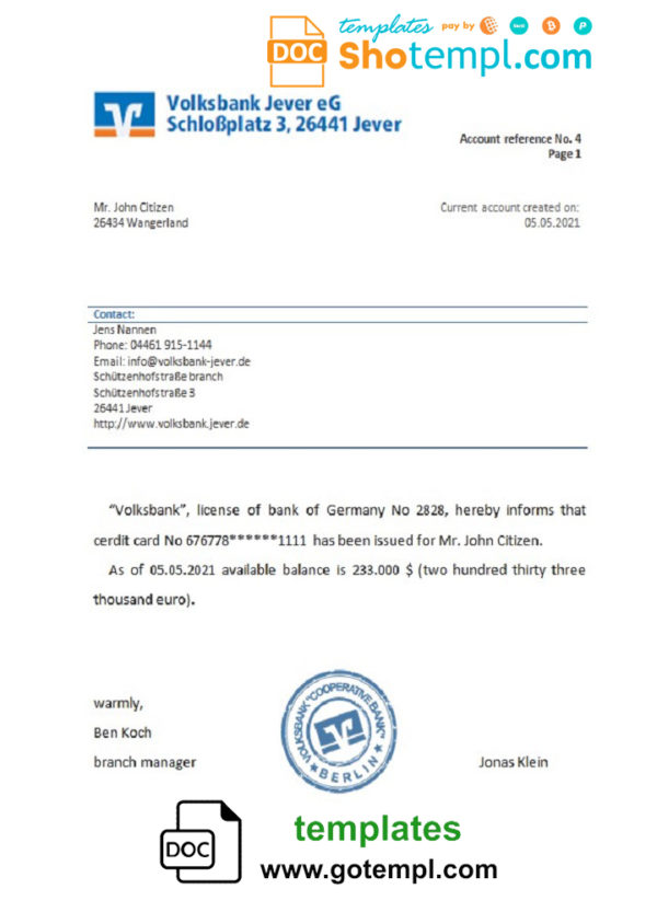 editable template, Germany Volksbank bank account reference letter template in Word and PDF format