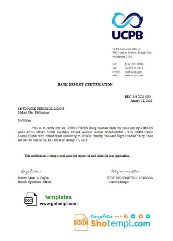 editable template, Philippines UCPB bank deposit certification letter in Word and PDF format
